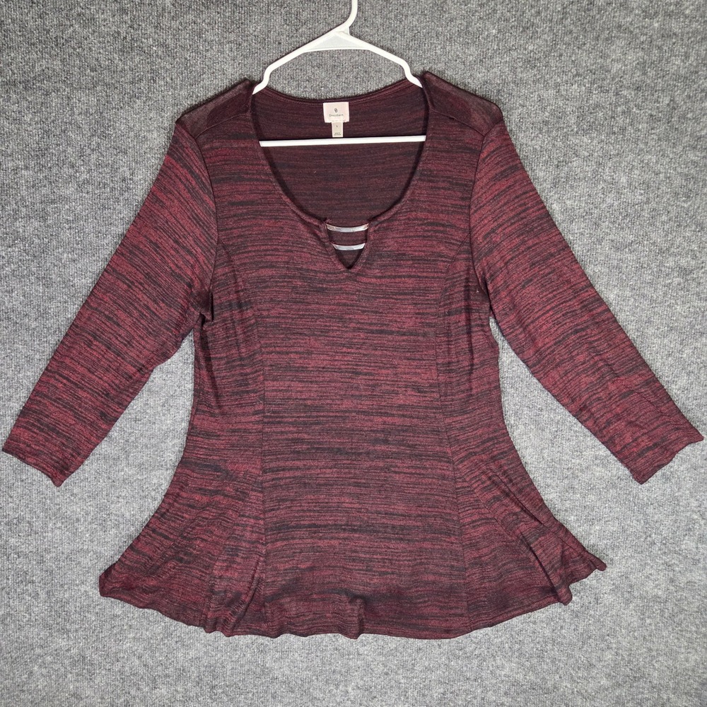 Dressbarn Womens Large Burgundy Space Dye Peplum Top Metal Bar Neck 3/4 Sleeve